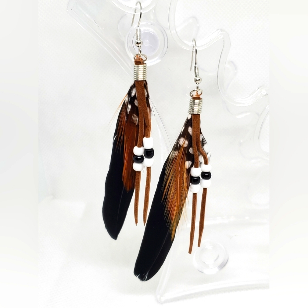 7/$10 Brown and Black Beaded Feather Earrings, New